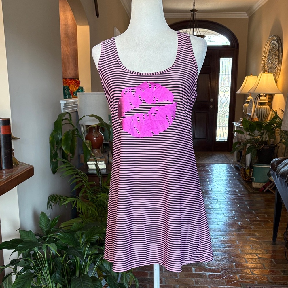 BETSEY JOHNSON Pink with Black Stripes Mini Bodycon Dress Lips Accent size M
